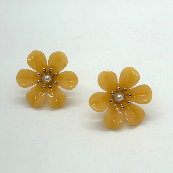 Peach Flower Earrings Acrylic Studs With Pearl Center Plastic Lightweight - Picture 2 of 12
